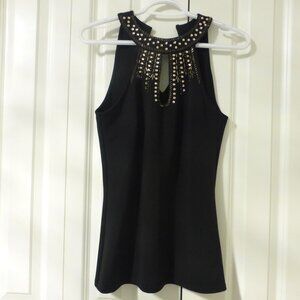 LE CHATEAU black sleeveless top with keyhole neckline and gold bead accents